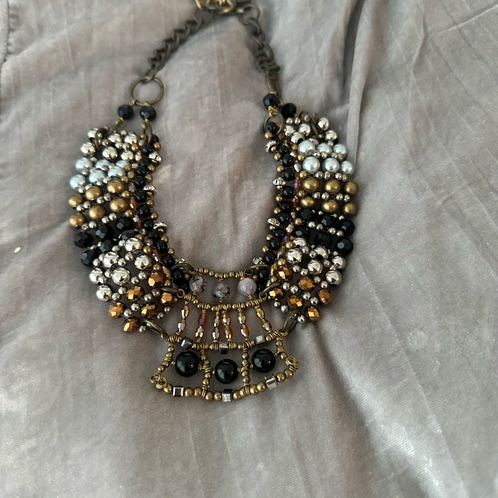 Zara Black, Gold, and Silver Beaded Statement Necklace Choker